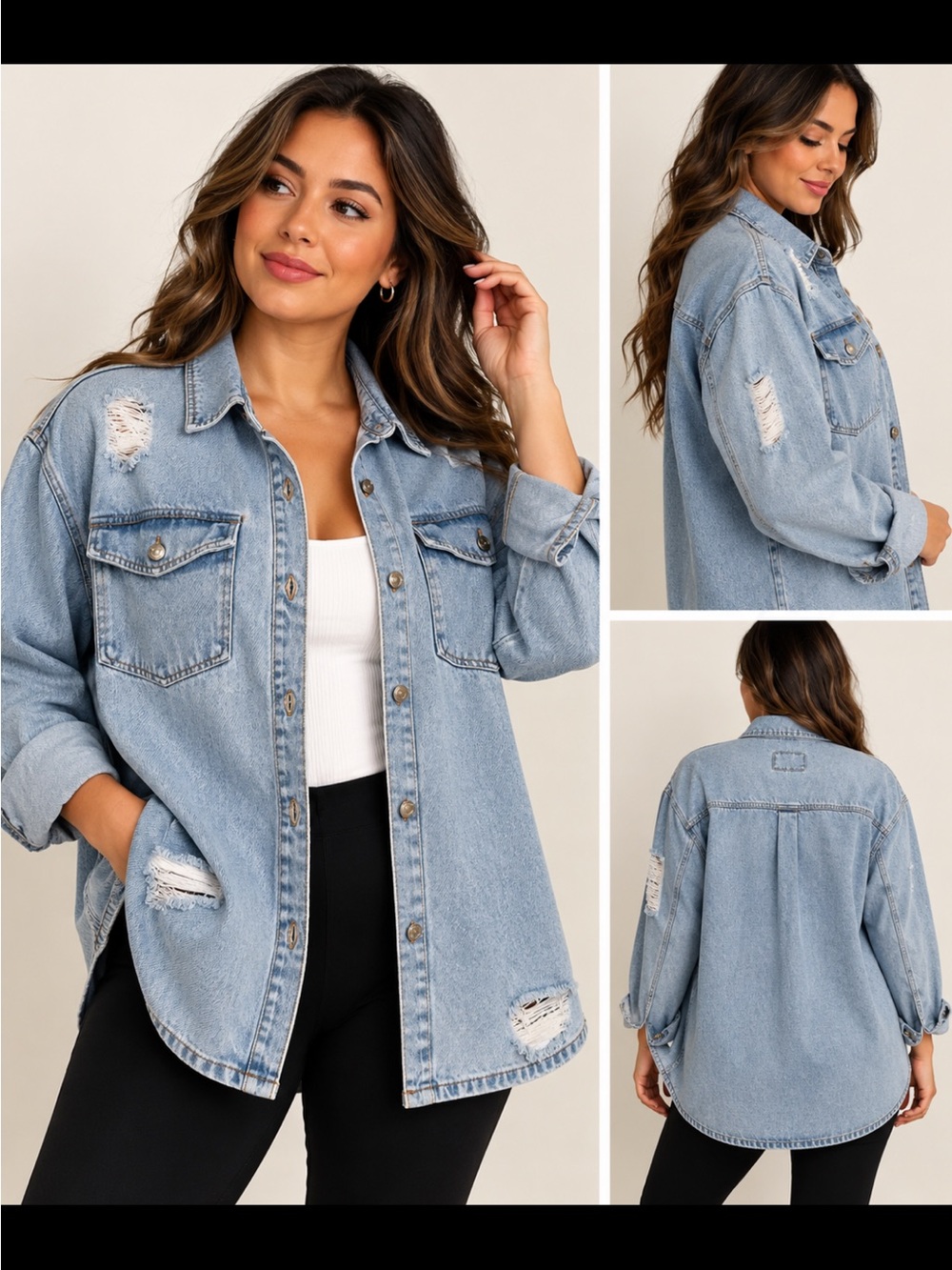 Forever 21 Light Blue Distressed Denim Shacket